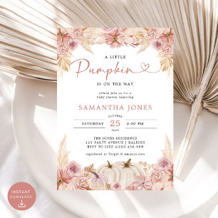 Little Pumpkin Boho Pink Pampas Grass Baby Shower Invitation