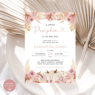 Little Pumpkin Boho Pink Pampas Grass Baby Shower Invitation