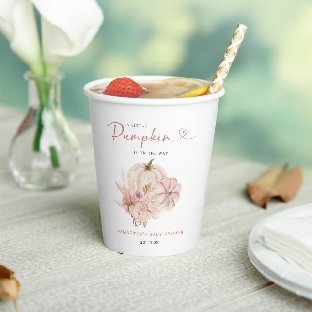Little Pumpkin Boho Pink Pampas Grass  Baby Shower Paper Cups (Insitu)