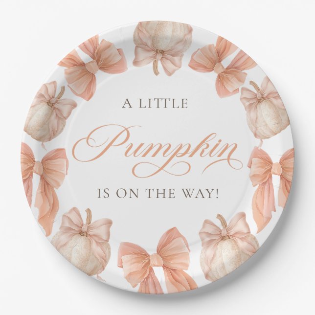 Little Pumpkin Bow Baby Shower Paper Plates (Front)