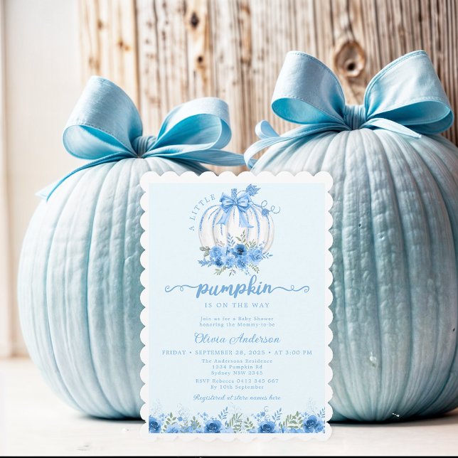 Little Pumpkin Bow Blue Baby Shower Invitation (Creator Uploaded)
