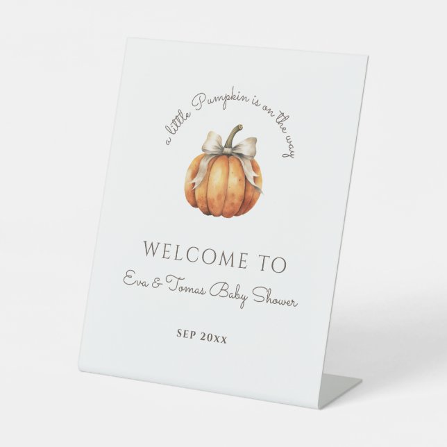 Little Pumpkin Bow Minimal Neutral Baby Shower Pedestal Sign (Front)