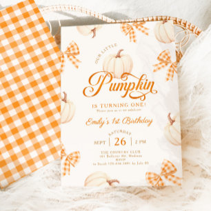 Little Pumpkin Bows Gingham 1st Birthday Invitation