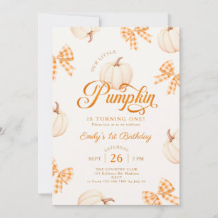 Little Pumpkin Bows Gingham 1st Birthday Invitation