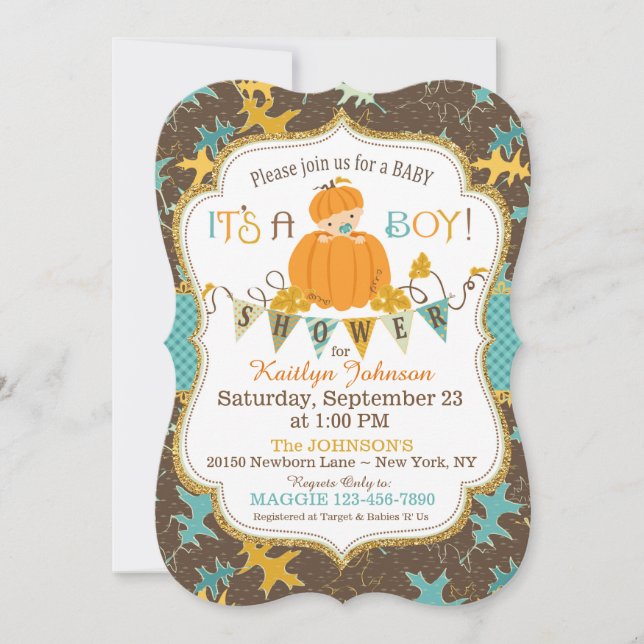 Little Pumpkin Boy Fall Leaves Baby Shower Invitation (Front)