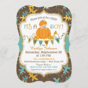 Little Pumpkin Boy Fall Leaves Baby Shower Invitation
