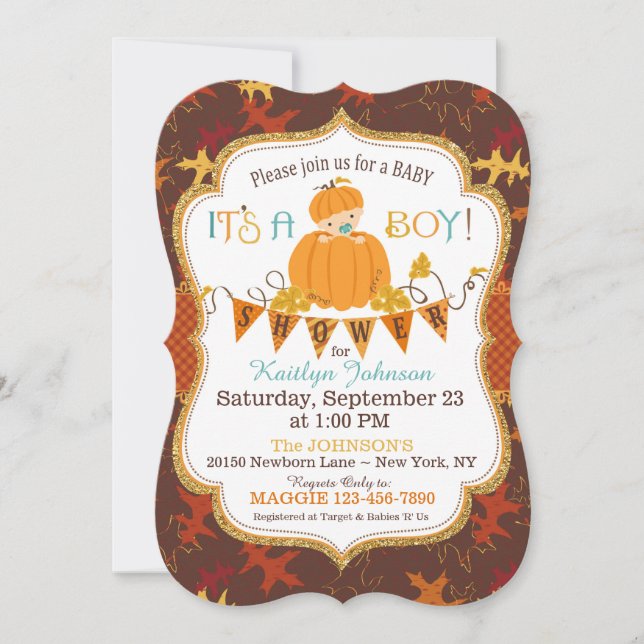 Little Pumpkin Boy Fall Leaves Baby Shower Invitation (Front)