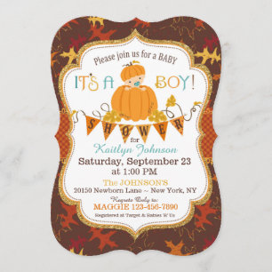 Little Pumpkin Boy Fall Leaves Baby Shower Invitation