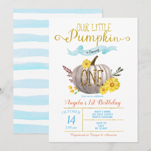 Little Pumpkin Boy Gold Blue Fall 1st Birthday Invitation (Front/Back)