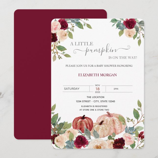 Little Pumpkin Burgundy Flowers Baby Shower Invitation (Front/Back)