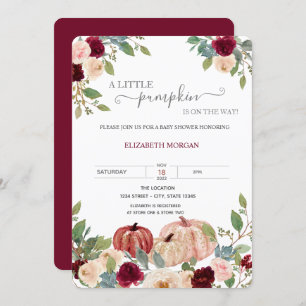 Little Pumpkin Burgundy Flowers Baby Shower Invitation