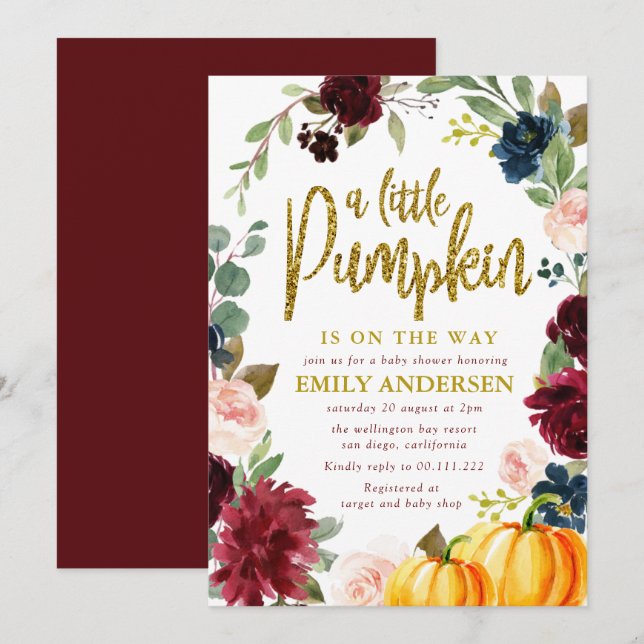 little pumpkin burgundy Navy baby shower Invitation (Front/Back)