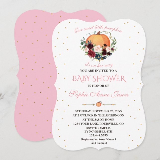 Little Pumpkin Burgundy Navy Floral Baby Shower Invitation (Front/Back)