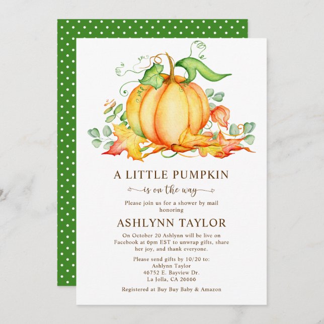 Little Pumpkin By Mail Baby Shower Invitation (Front/Back)