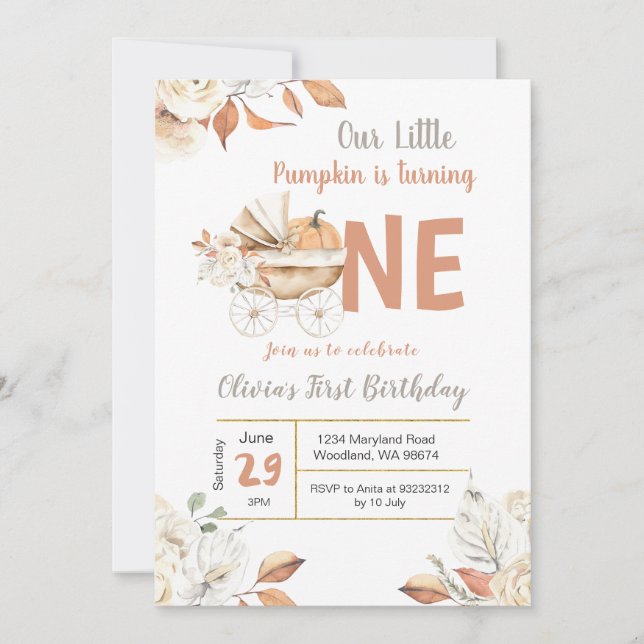 Little Pumpkin Carriage Fall Turning One Birthday Invitation (Front)