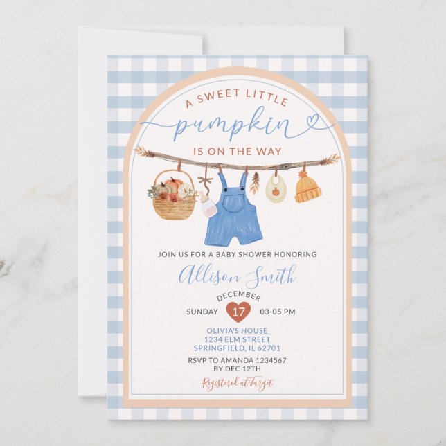Little Pumpkin Clothes Autumn Gingham Baby Shower Invitation (Front)