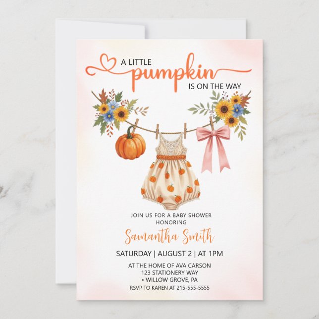 Little Pumpkin Clothes Autumn  Girl Baby shower Invitation (Front)