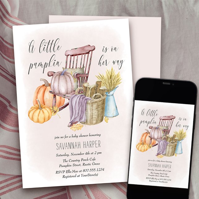 Little Pumpkin Country Porch Girl Baby Shower Invitation (Girl Baby Shower Invitation from my Country Pumpkin collection - availabel printed or as a download)