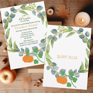 Little Pumpkin Couples Baby Shower Greenery Wreath Invitation