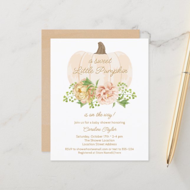 Little Pumpkin Cream Floral Baby Shower Invitation (Front/Back In Situ)