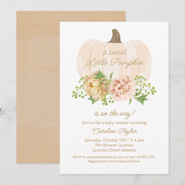 Little Pumpkin Cream Floral Baby Shower Invitation (Front/Back)