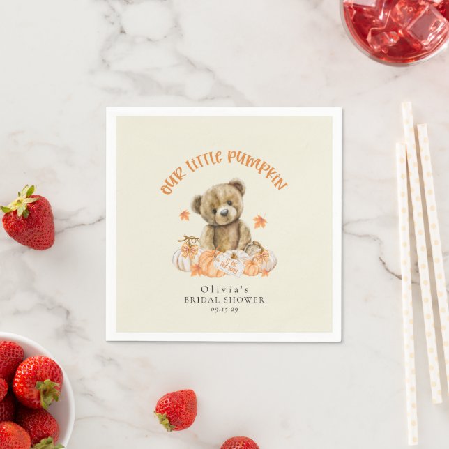 Little Pumpkin Cute Fall Teddy Bear Baby Shower Napkin (Insitu)