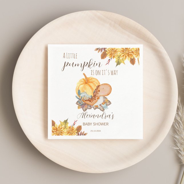 Little pumpkin dinosaur fall baby shower napkin (Little pumpkin cute dinosaur fall baby shower personalized monogrammed printed napkins table decor)