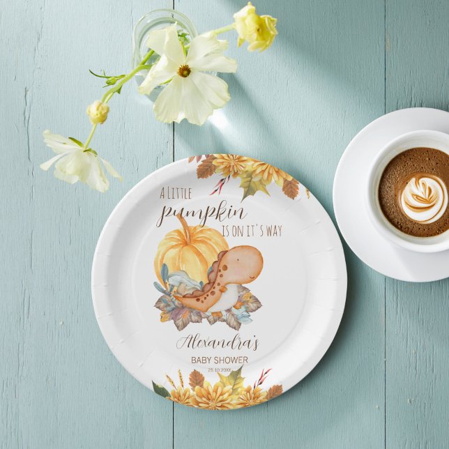 Little pumpkin dinosaur fall baby shower paper plate (Little pumpkin cute dinosaur fall baby shower personalized monogrammed paper plates table decor)