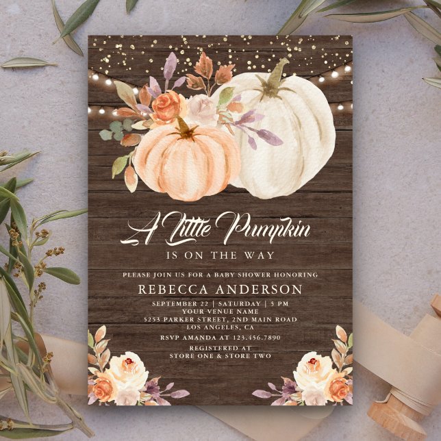 Little Pumpkin Earthy Floral Wood Baby Shower Invitation (Creator Uploaded)