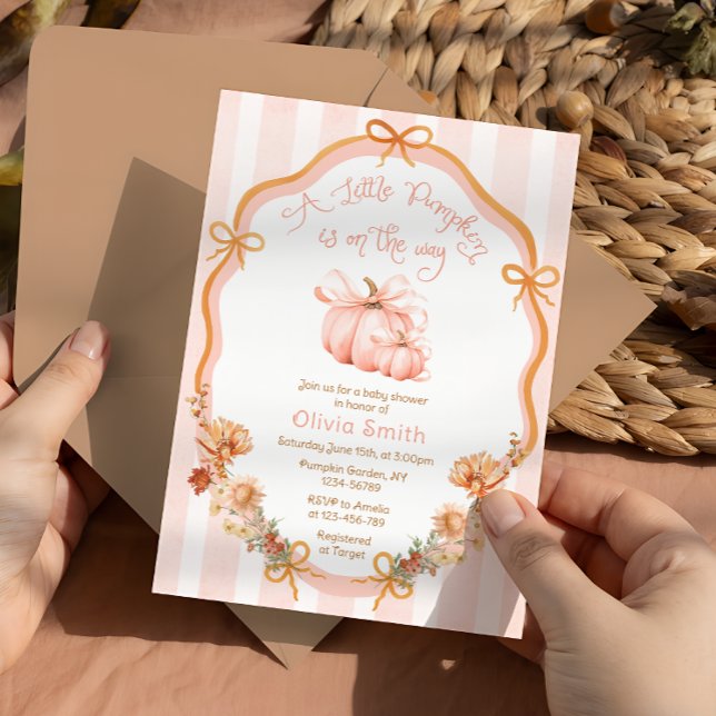 Little Pumpkin Elegant Bow Floral Baby Shower Invitation (Creator Uploaded)