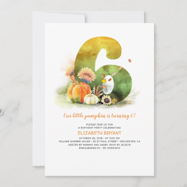 Little Pumpkin Fall 6th Birthday Party Invitation (Front)