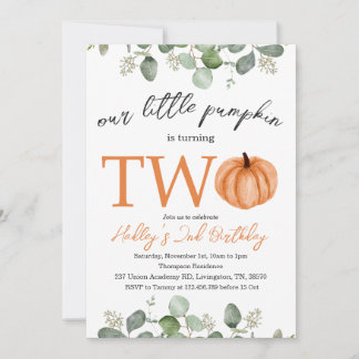 Little Pumpkin Fall / Autumn 2nd Second Birthday Invitation