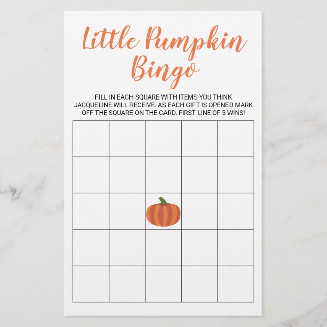 Little Pumpkin Fall Autumn Baby Shower Bingo Card (Front)