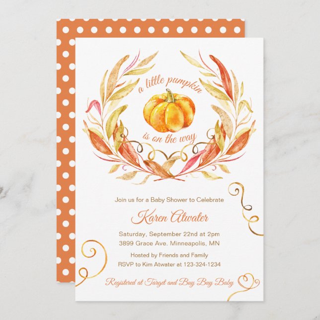 Little Pumpkin Fall Autumn Baby Shower Invitation (Front/Back)