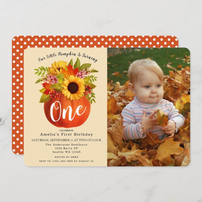 Little Pumpkin Fall Autumn First Birthday Photo Invitation (Front/Back)