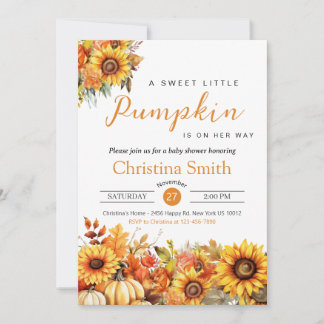 Little Pumpkin Fall Autumn Sunflower Baby Shower Invitation
