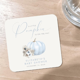 Little Pumpkin Fall Baby Boy Shower Square Paper Coaster