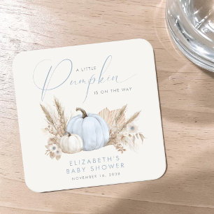 Little Pumpkin Fall Baby Boy Shower Square Paper Coaster