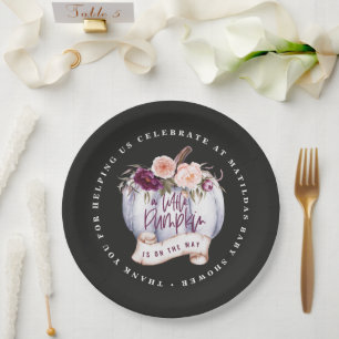 Little pumpkin fall baby shower black purple fall paper plate