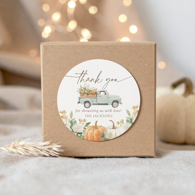 Little Pumpkin Fall Baby Shower Classic Round Sticker (Creator Uploaded)