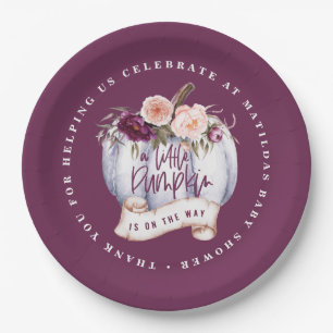 Little pumpkin fall baby shower invitation purple paper plate