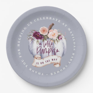 Little pumpkin fall baby shower invitation purple paper plate
