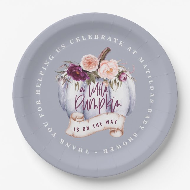 Little pumpkin fall baby shower invitation purple paper plate (Front)
