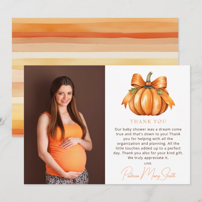 Little Pumpkin Fall Baby Shower Photo Thank You Card (Front/Back)