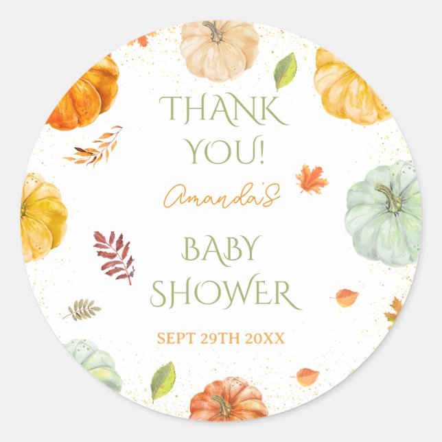 Little Pumpkin Fall Baby Shower Thank You Classic Round Sticker (Front)
