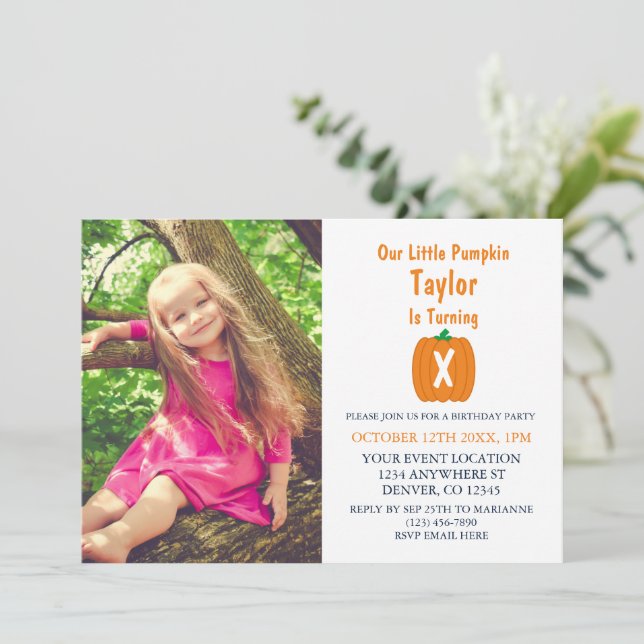 Little Pumpkin Fall Birthday Invitation (Standing Front)
