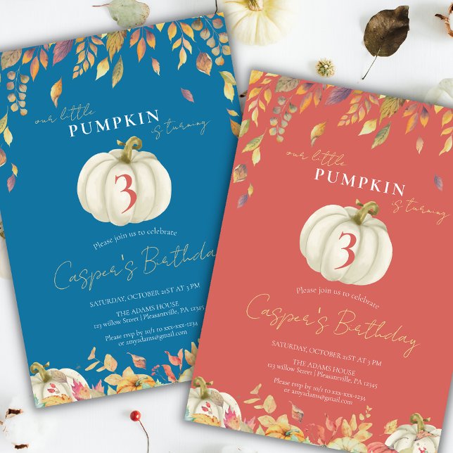 Little Pumpkin Fall Birthday Watercolor Blue Invitation (Creator Uploaded)