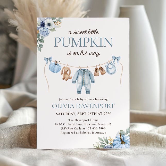 Little Pumpkin Fall Blue Floral Boy Baby Shower Invitation (Creator Uploaded)