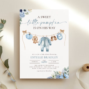 Little Pumpkin Fall Blue Floral Boy Baby Shower  Invitation