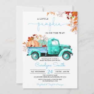 Little Pumpkin Fall Blue Truck Baby Shower Invitation